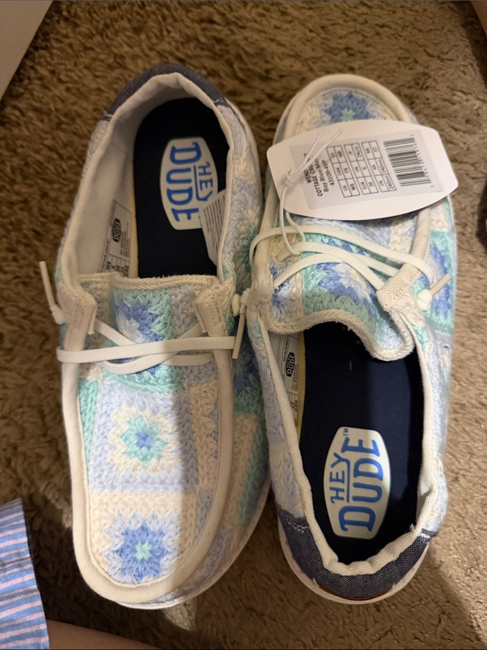 Hey Dude Kids Crochet Slip-Ons in Light Blue, Mint & White